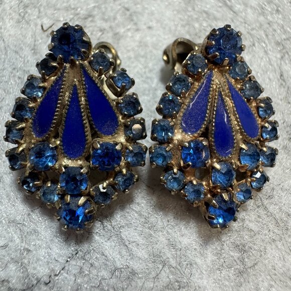 Weiss Jewelry - Vintage Weiss Blue AB Rhinestone & Enamel Clip-On Earrings